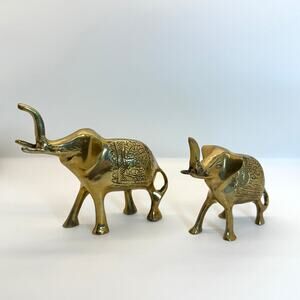 VTG Brass Elephant Figurines Set of 2 Engraved Decor Pair India Style Statues